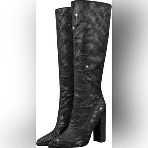 Black Sequin Knee High Boots